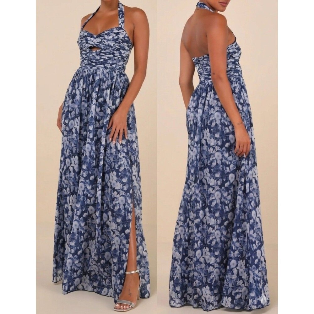 Lulus Illustrious Aura Navy Blue Floral Pleated Halter Maxi Dress Womens Summer